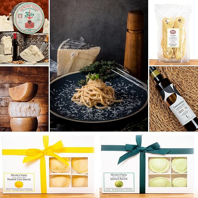 Authentic Cacio e Pepe Bundle with Roasted Corn Ravioli Handmade Bucatini DOP Pecorino Romano &amp Parmigiano Reggiano DOP Extra Virgin Olive Oil – Italian Gourmet Meal