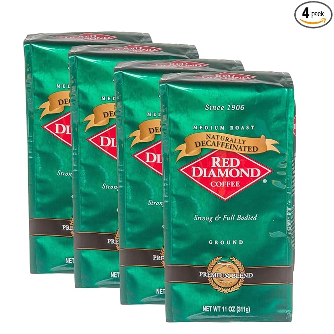 Red Diamond Ground Coffee Decaffeinated Medium Roast 100% Arabica Premium Beans Strong &amp Full-Bodied Flavor 11 Ounce Resealable Bags (4 Pack)