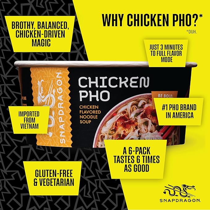 Snapdragon Chicken Pho Instant Noodle Bowl Six Pack Rich Chicken Flavored Broth with Rice Noodles Gluten Free No Artificial Flavors 6 2.1oz Bowls