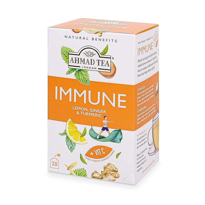 Ahmad Tea Herbal Tea Lemon Ginger Turmeric &amp Vitamin C 'Immune' Natural Benefits Teabags 20 ct (Pack of 6) - Decaffeinated &amp Sugar-Free