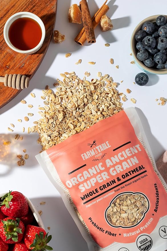 Farm to Table Foods Organic Ancient Super Grain Oatmeal – High-Protein Plant-Based Unsweetened Non-GMO Whole Grains – 3-Pack (14 oz. Bags)