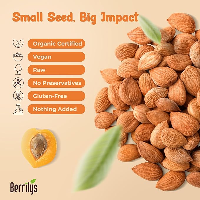 Berrilys Organic Bitter Apricot Kernels - USDA Certified Organic Bitter Apricot Seeds - Natural &amp Non-GMO Premium Quality Kernals No Sulfur or Additives - 16 oz
