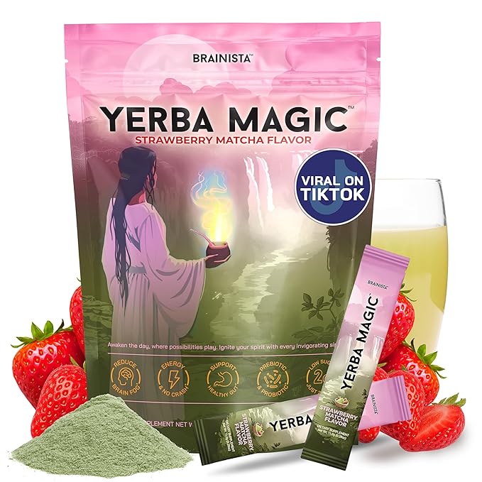 Yerba Magic Yerba Mate Powder Packets - Instant Clean Energy &amp Focus Drink Mix for Gut Health - Nootropic Blend with Lion’s Mane L-Theanine Prebiotics &amp Probiotics - Low Sugar Natural Caffei