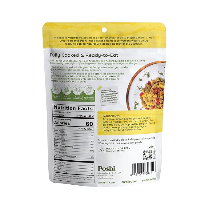 POSHI Artichoke &amp Asparagus Salad Natural Keto Vegan Non GMO Low Carb + Calorie Gluten Free Ready to Eat Fully Cooked Vegetables Pentry Food Gourmet Healthy Travel Food 6 Pack 4.4 oz