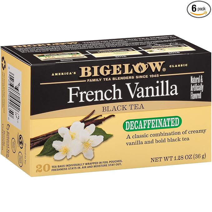 Bigelow Tea Decaffeinated French Vanilla Black Tea Decaf Tea with French Vanilla 20 Count Box (Pack of 6) 120 Total Tea Bags