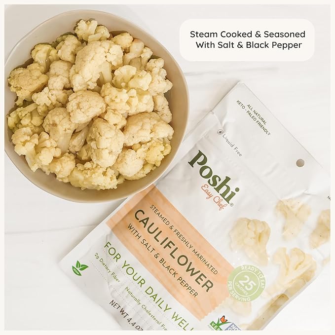 POSHI Marinated Cauliflower Florets with Salt + Black Pepper Natural Keto Vegan Non GMO Low Carb + Calorie Gluten Free Ready to Eat Fully Cooked Vegetables Pentry Food Gourmet 6 Pack 4.4 oz