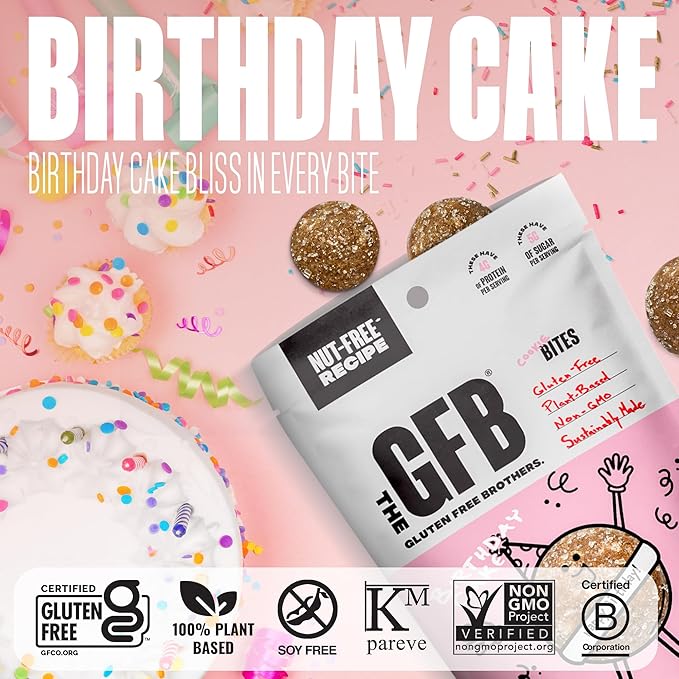 The GFB Birthday Cake Cookie Protein Bites - Allergen Friendly &amp Nut Free - Gluten Free Plant Based Non GMO Sustainably Made – Ridiculously Tasty Healthy Protein Energy Balls 4 oz (4 Count)