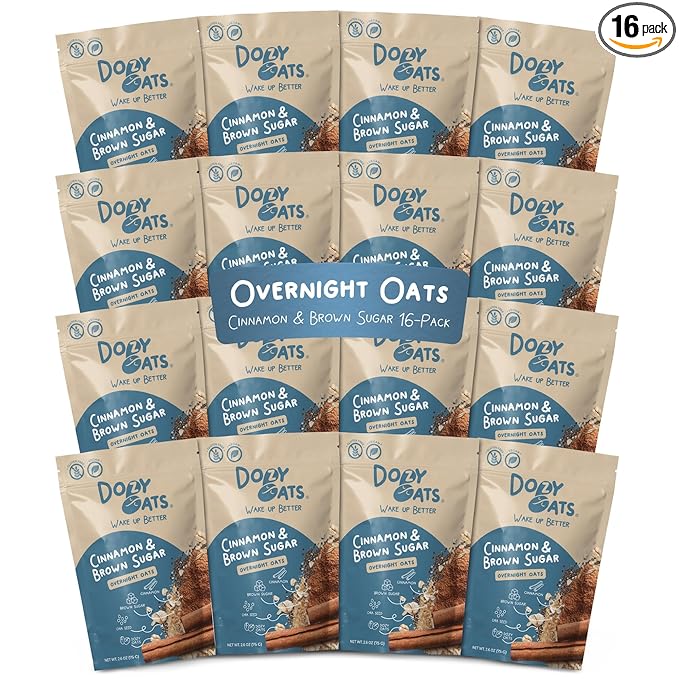 Dozy Oats Overnight Oatmeal Packets Cinnamon and Brown Sugar Multipack with Rolled Oats and Chia Seeds. Gluten-Free Natural Source of Protein and Fiber 16-Pack