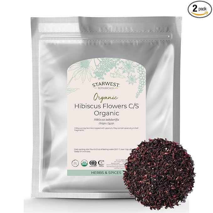 Starwest Botanicals Organic Hibiscus Flowers - Dried Hibiscus Flowers for Loose Leaf Herbal Tea Natural Source of Antioxidants Cut &amp Sifted Certified Kosher Non-GMO - Bulk 1 lb Bag (Pack of 2)