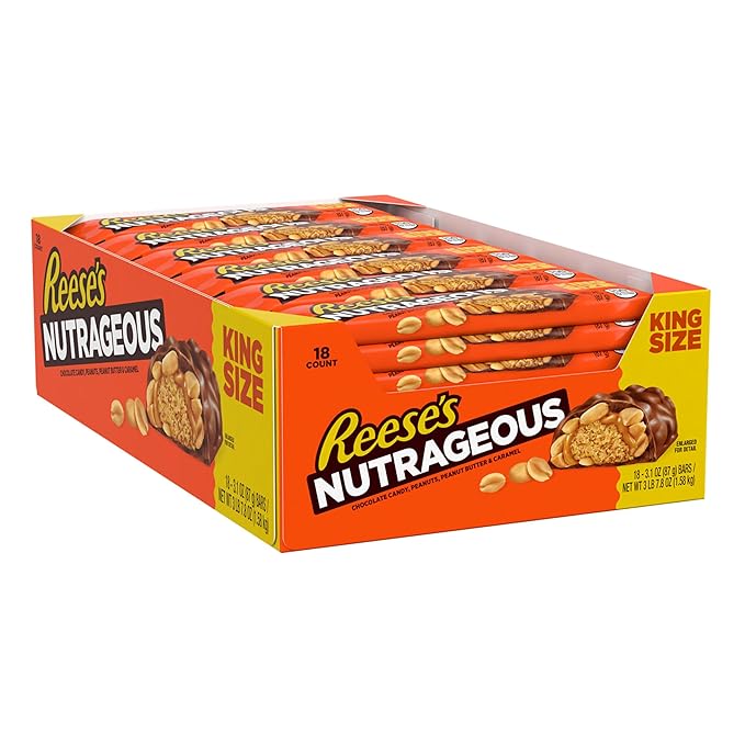 REESE'S NUTRAGEOUS Chocolate Peanut Butter Caramel and Peanut King Size Candy Bars 3.1 oz (18 Count)