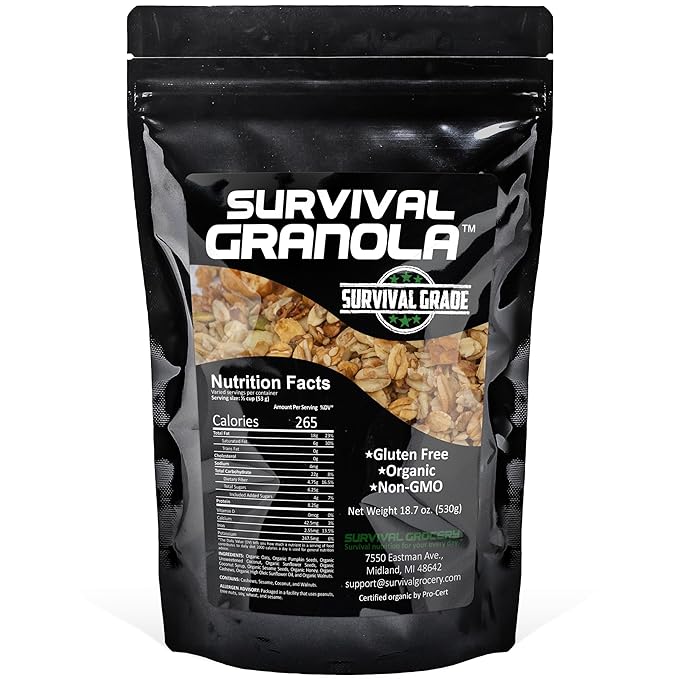 Survival Grocery Organic Ancient Grain Survival Granola™ - Gluten Free Non-GMO No Added Sugar High Protein Snack With Nuts Seeds Coconut and Honey - Ideal for Breakfast Cereal Yogurt or Snack