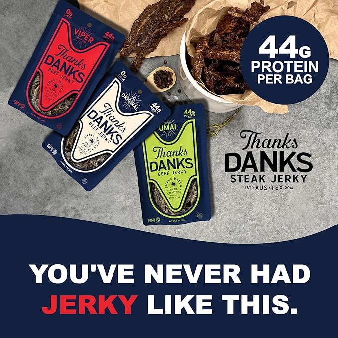 Thanks Danks - Variety Pack (The Original Viper Umai) - Small Batch Grass-Fed Steak Jerky - Sugar Free Gluten Free Nitrate Free No GMO - 57g (3 Flavors)
