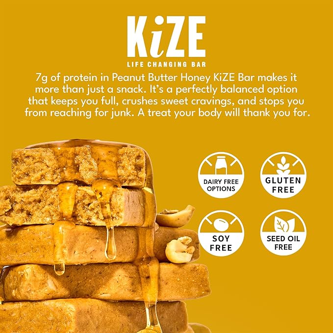 KiZE Energy Bars - Peanut Butter Honey - 20-Count - Gluten Free Dairy Free Non-GMO and High Protein Meal Replacement Energy Bars Clean and Simple Food Ingredients - 7g High Protein Snacks (20 Coun