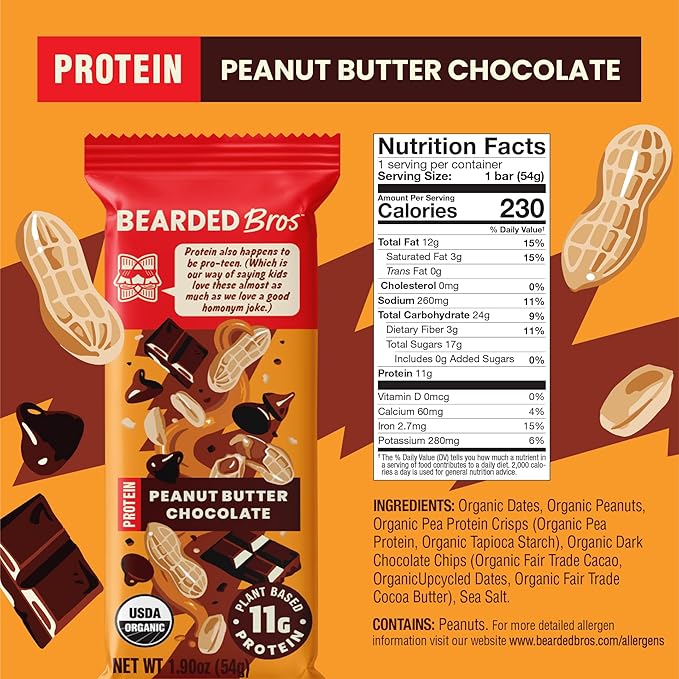 Bearded Brothers Organic Protein Bars Peanut Butter Chocolate (10 Pack) - 11g of Plant Based Protein Gluten Free Vegan Non-GMO Healthy Snacks for Adults Good Source of Fiber
