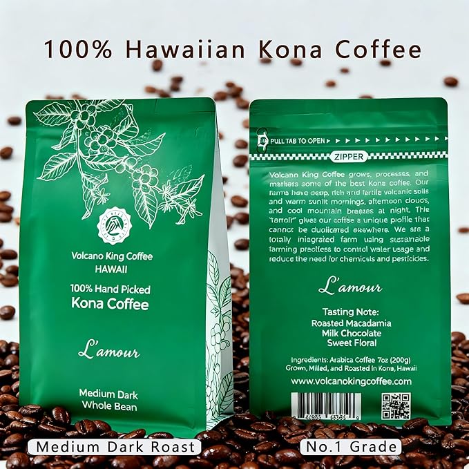 Hawaiian Kona Coffee Beans 100% Kona No Blend No. 1 Grade Medium Dark Roast from Our Coffee Estate in Hawaii Smooth and Low Acidity(L'amour 7 oz)