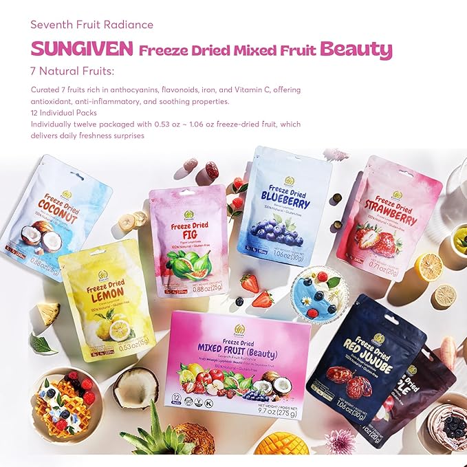 SUNGIVEN Freeze Dried Fruit Mixed for Beauty Variety Pack of 12 Bag 7 Kinds of Fruit Health Snack Rich in Vitamins Apple Strawberry Blueberry Lemon Coconut Fig Red-Dates No Sugar Added 9.7 oz