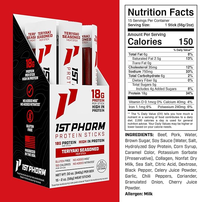 1st Phorm Meat Sticks Teriyaki Seasoned 18G Protein per Serving USA Raised Lean Beef and Pork High Protein Snacks Gluten Free No Msg or Nitrates Individually Wrapped 15 Count