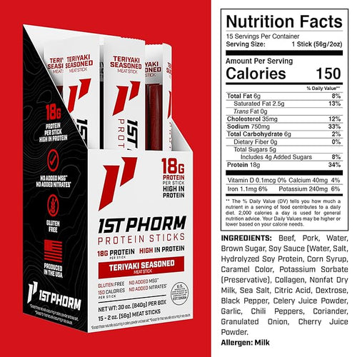 1st Phorm Meat Sticks Teriyaki Seasoned 18G Protein per Serving USA Raised Lean Beef and Pork High Protein Snacks Gluten Free No Msg or Nitrates Individually Wrapped 15 Count