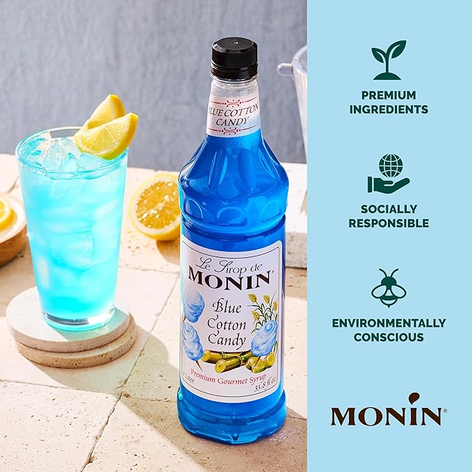 Monin - Blue Cotton Candy | Premium Syrup for Lemonades Shakes Sodas &amp More (BPA-Free Plastic Bottle 1 Liter)