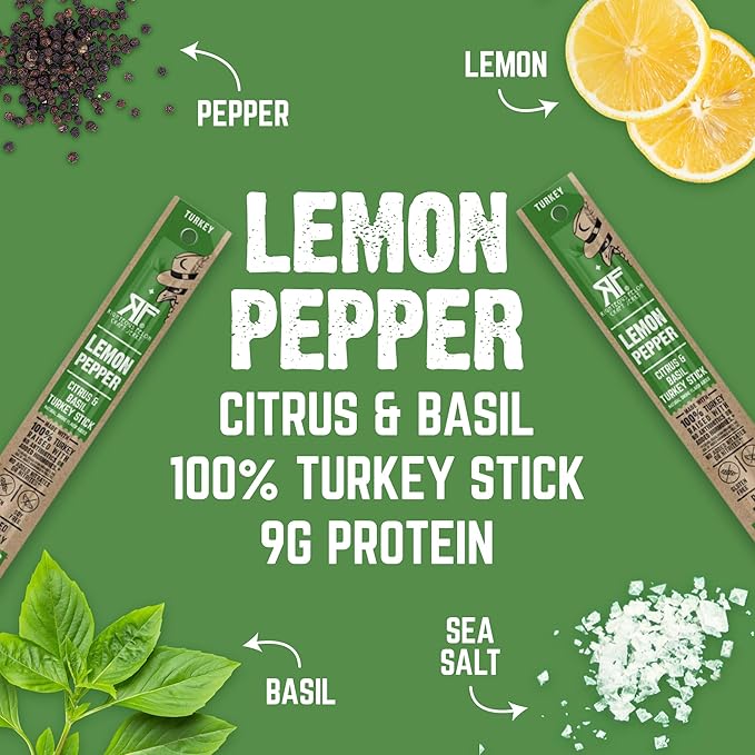 Righteous Felon Meat Sticks | 100% Turkey | 9g Protein per Stick | Keto Gluten-Free Low Sugar High Protein Snack Sticks | Individually Wrapped | Lemon Pepper Turkey Sticks 24 Count