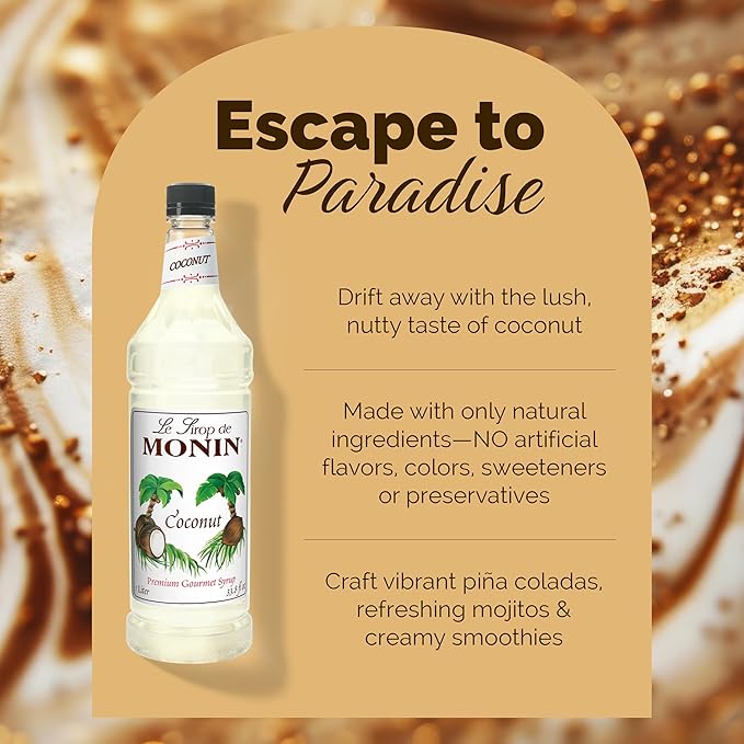 Monin - Coconut Syrup Sweet and Rich Great for Cocktails and Smoothies Gluten-Free Vegan Non-GMO (1 Liter)