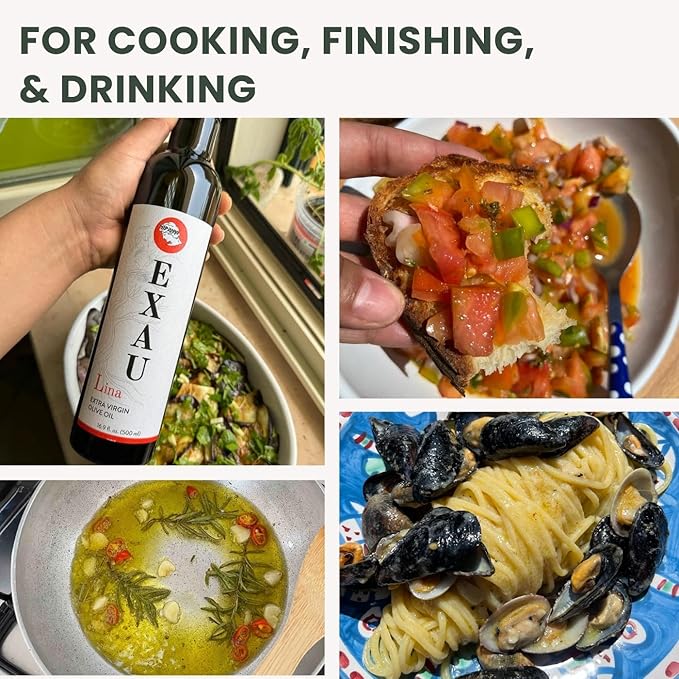 EXAU Italian Extra Virgin Olive Oil Set - Due2 897 mg/kg Polyphenol Rich Olive Oil From Italy Non-GMO Early Harvest First Cold Pressed for Drinking and Cooking 2 Pack 16.9 Fl Oz (1L)