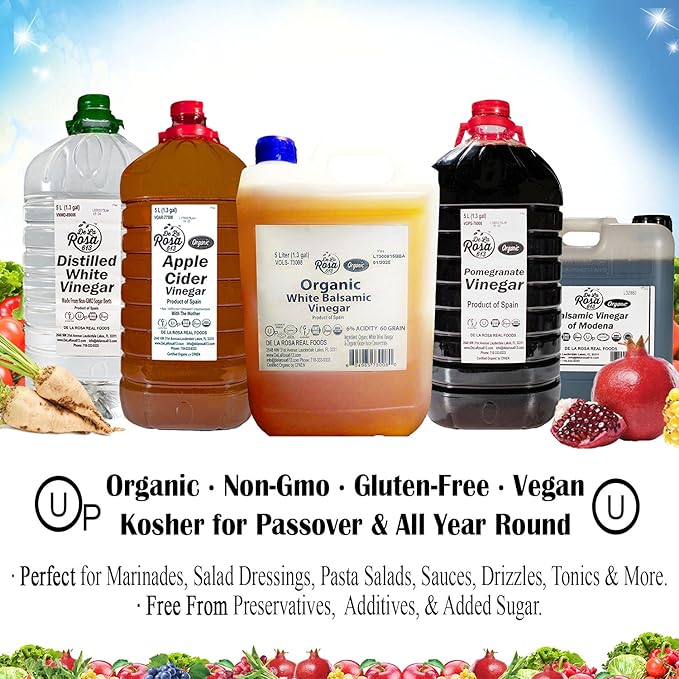 De La Rosa Organic White Balsamic Vinegar Vegan Kosher Non-GMO &amp Gluten Free Great for Salad Dressings Marinades &amp More 5 Liter (Pack of 1)