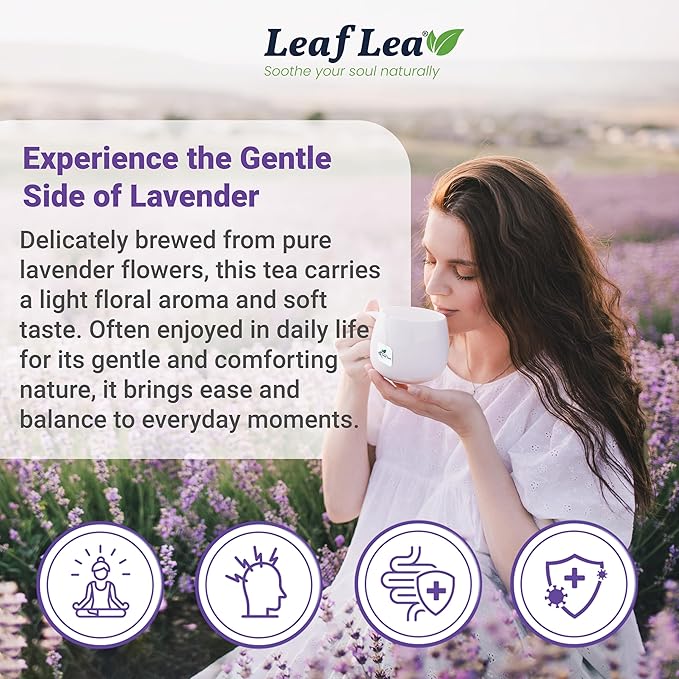 LeafLea 80 Premium Lavender Tea Bags 100% Natural &amp Pure from Lavender Flowers Nighttime Comfort &amp Digestive Support Floral Aroma and Smooth Taste Caffeine-Free Sugar-Free Individually W