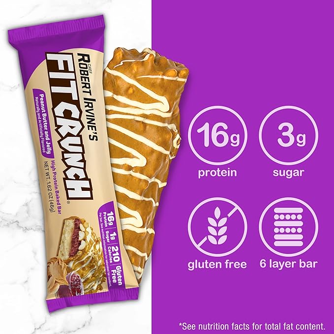 FITCRUNCH Snack Size Protein Bars Designed by Robert Irvine 6-Layer Baked Bar 1g of Sugar Gluten Free &amp Soft Cake Core (9 Bars Peanut Butter and Jelly)