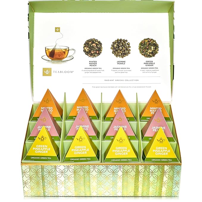 Teabloom Radiant Greens – Organic Green Tea Sampler with 12 Plant-Based Pyramid Sachets Jasmine Pearls Minted Mango Peach &amp Pineapple Ginger Gift-Ready Presentation Box for Tea Lovers