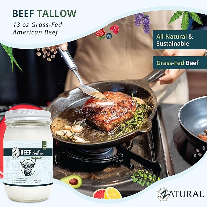 Zatural 100% Pure Grass-Fed Beef Tallow – Deodorized &amp Refined Food-Grade Fat for Cooking Frying Skincare Soap Making &amp DIY Balms (13 oz)