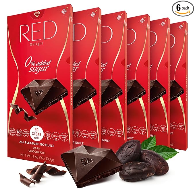 Red Delight Dark Chocolate Bars - 3.53 oz Pack of 6 - Full-Size Keto-Friendly - Low Carb Kosher Gluten-Free No Added Sugar - Smooth Creamy Vegan Chocolate from Europe