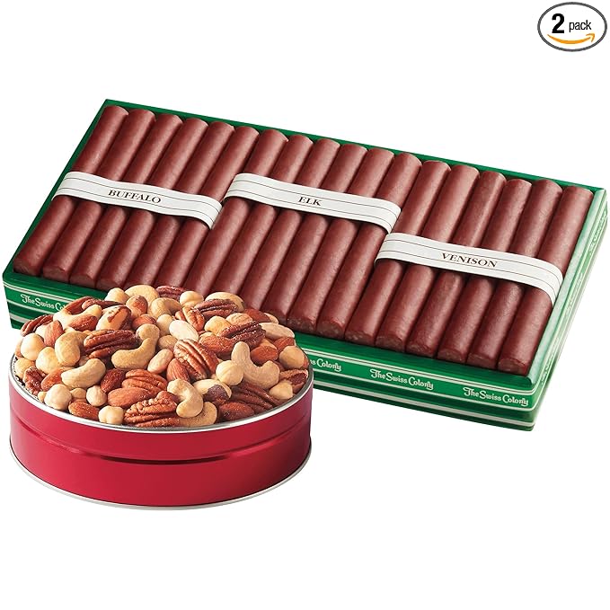 The Swiss Colony Premium Mixed Nuts and Wild Game Meat Sticks Gift Bundle - Deluxe Mixed Nuts Exotic Variety Meat Sticks Package for Men 2 lbs. 1 oz. net wt.