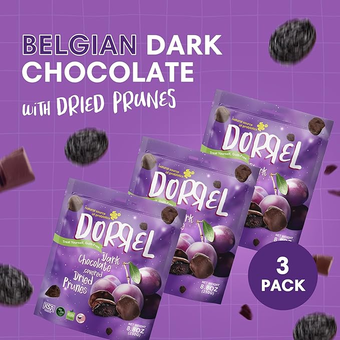 DORREL - Belgian Dark Chocolate Covered Dried Prunes High Energy Vegan Choco Snack Delicious Kosher &amp Non-GMO Pack of 3 Dark Chocolate Fruit Bites 8.8 oz / 250 g Ea