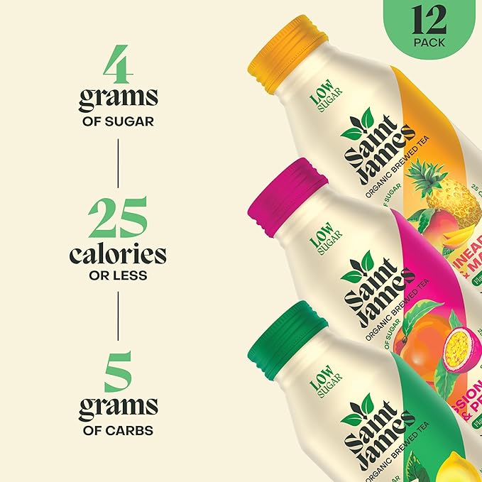 Saint James Iced Tea - Organic Green Tea - Non GMO Gluten Free Low Calorie &amp Low Sugar - Variety Green Tea Flavors 12 Pack (16.9 fl oz each) | Non GMO Gluten Free Low Calorie Low Sugar