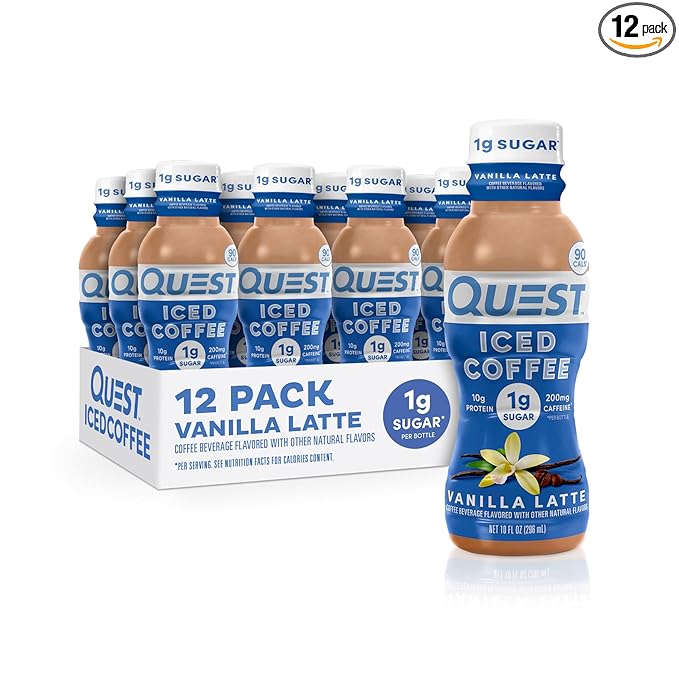 Quest Nutrition Iced Coffee Vanilla Latte 1g of Sugar 10g of Protein 90 calories 200mg of caffeine 12 Count