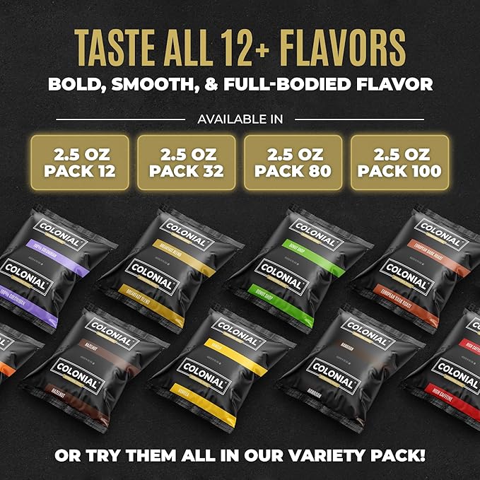 Colonial Coffee 32 Count Single Pot Coffee Packets – 100% Arabica Colombian Medium Roast | Pre-Measured Frac Packs for 12 Cup Maker | Bulk Ground Gourmet Coffee for Home &amp Office