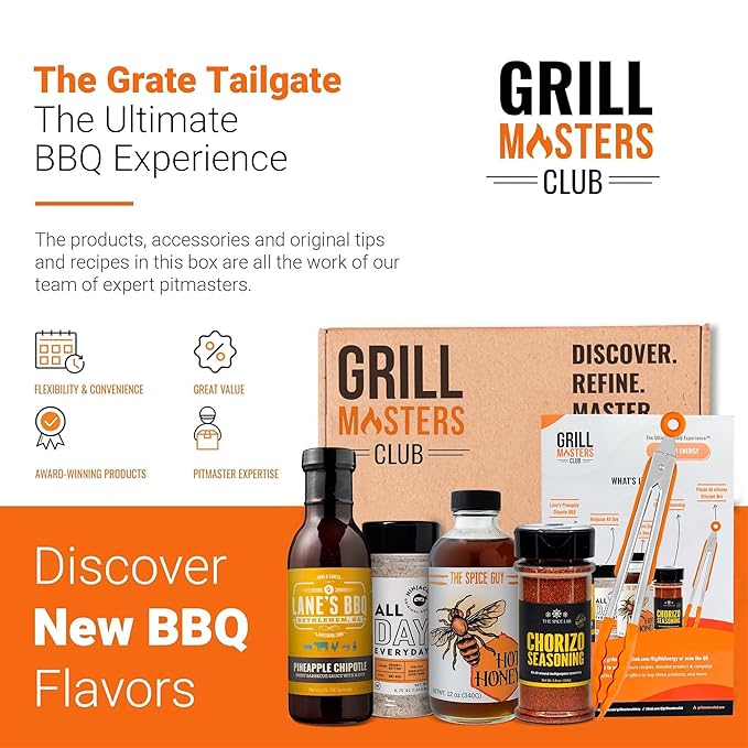 Grill Masters Club The Grate Tailgate BBQ Box | Premium BBQ Spices Sauces and Seasoning for the Ultimate Grill Master | Essential for Cooking Grilling and Smoking | Perfect Grill Gift for Men &amp