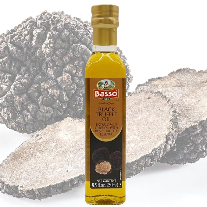 BASSO 1904 Black &amp White Truffle Oil Set – 2 Bottles x 8.5 fl oz (250ml) – High-Concentration Italian Extra Virgin Olive Oil with Real Black Winter &amp White Alba Truffles – Gourmet Finishing Oi