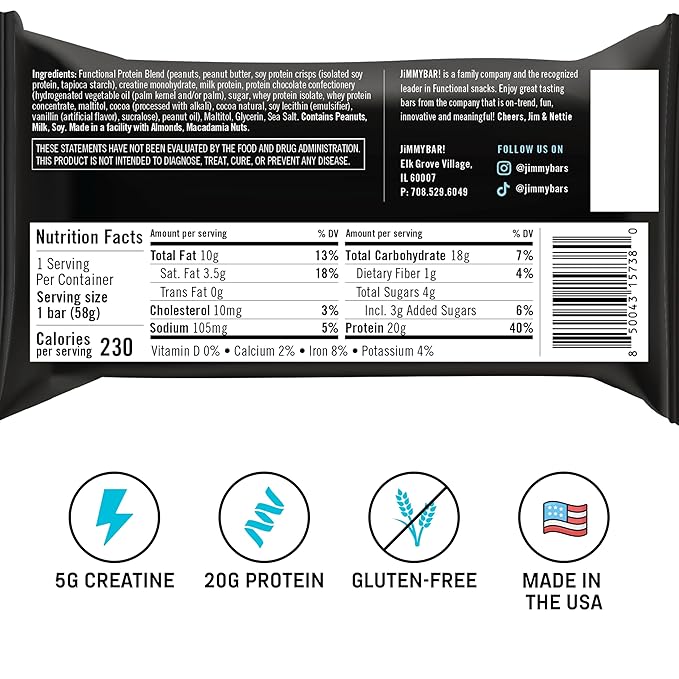 (NEW) JiMMYBAR! Creatine Protein Bar - 5g of Creatine Monohydrate + 20g Protein - High Protein Snack - Supports Muscle Growth Strength &amp Recovery - Real Food Energy Bar for Athletes | Chocolate P