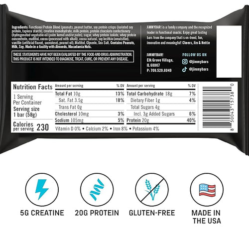 (NEW) JiMMYBAR! Creatine Protein Bar - 5g of Creatine Monohydrate + 20g Protein - High Protein Snack - Supports Muscle Growth Strength &amp Recovery - Real Food Energy Bar for Athletes | Chocolate P