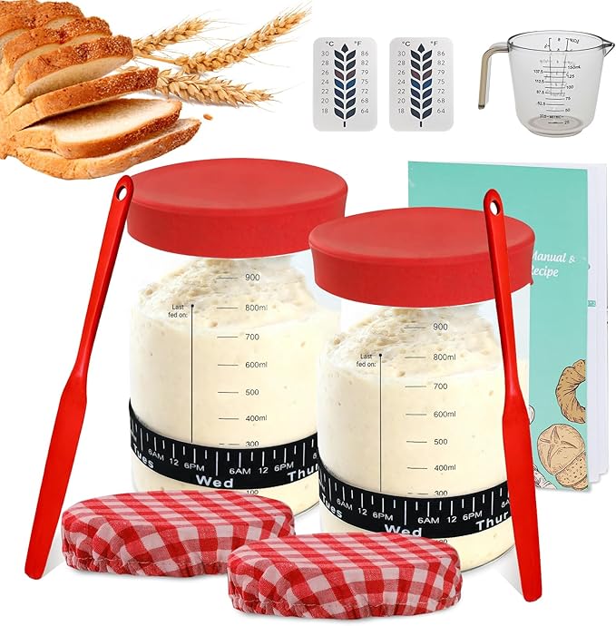 34oz Sourdough Starter Jar KitWide Mouth Sourdough Starter Container with Feeding Tracking Band Silicone Spatula&ampSourdough Starter Kit-Baking Supplies(2 pack). (Red)