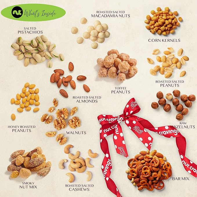 NUT CRAVINGS Gourmet Collection - Get Well Soon Nuts Gift Basket with Get Well Soon Ribbon in Reusable Wooden Tray (12 Assortments) Food Arrangement Healthy Snack Care Package Food Assortments