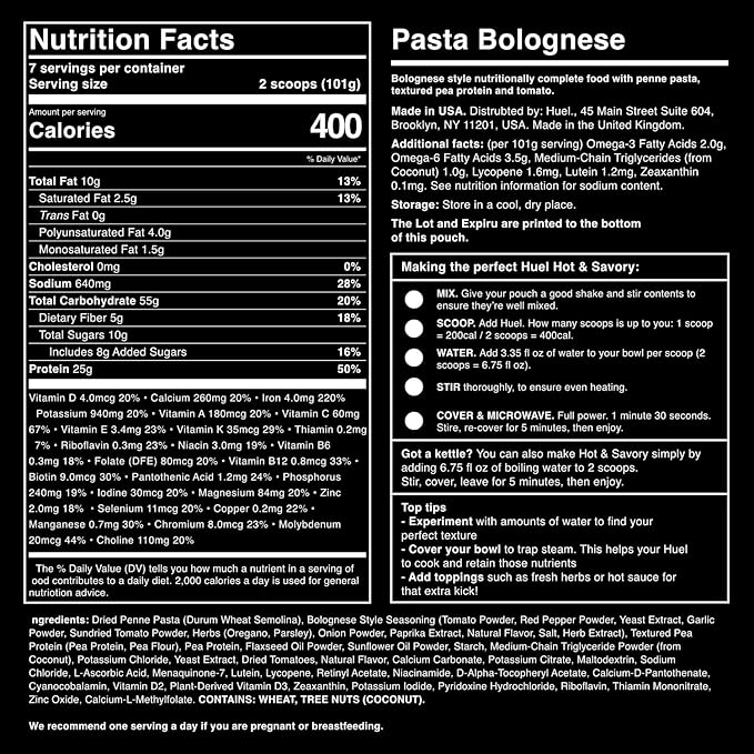 Huel Hot and Savory Instant Meal Replacement - Pasta Bolognese 14 Scoops Packed with 100% Nutritionally Complete Food Including 25g of Protein 5g Fiber 27 Vitamins Minerals LastFuel scoop 24.93 Oz