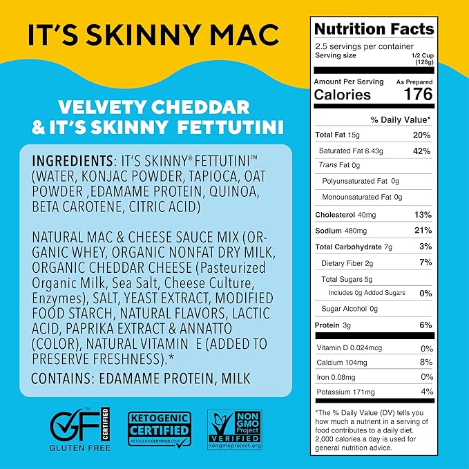 It’s Skinny Fettuccine &amp Velvety Cheddar Mac and Cheese Bundle – Pre-Cooked Konjac Shirataki Noodles Gluten-Free Vegan Keto-Friendly (6-Pack Each)