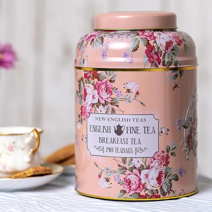 New English Teas Vintage Floral Tea Tin with 240 English Breakfast Teabags for Tea Lovers Cottage Core