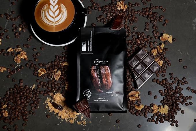 PURE EARTH COFFEE CO. Whole Bean Coffee Brazil Single-Origin Beans Dark Roast Bold Gourmet Specialty Grade Coffee Chocolate Walnut Bold and Smooth Flavor Notes 12oz