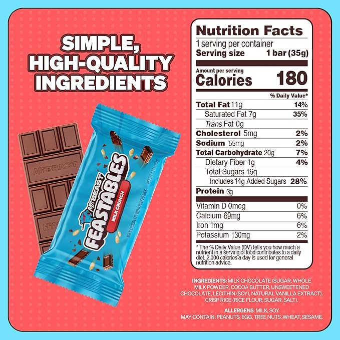 MrBeast Feastables Milk Chocolate Crunch Bar Full Size 24 Count Crispy &amp Creamy Chocolate Candy Fairtrade Cocoa 1.24oz Each