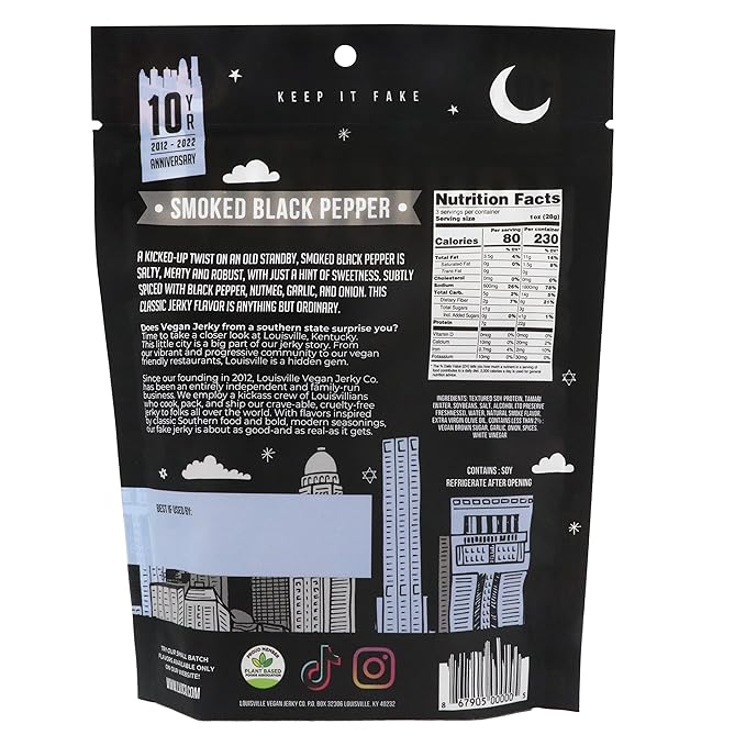 Louisville Vegan Jerky - Smoked Black Pepper Vegan and Vegetarian Meat 19 Grams of Non-GMO Soy Protein 310 Calories per Bag Gluten-Free High Protein Vegan Snacks - 3 oz 10 Pack