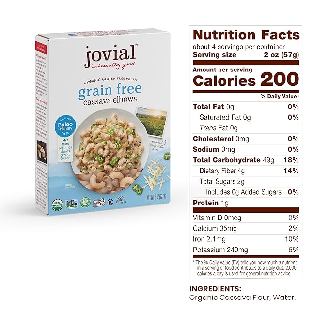 Jovial Grain-Free Cassava Elbows - Gluten Free Elbow MacaroniCassava Pasta Paleo Pasta Grain-Free 100% Organic Pasta USDA Certified Organic Non-GMO High-Fiber - 8 Oz 3 Pack